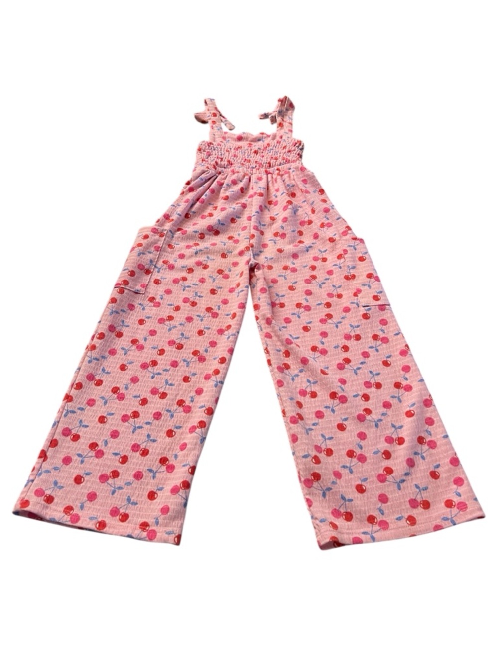 Paisley Lane Girls Pink Cherry-Print Smocked Jumpsuit Size 7 - Picture 2 of 9